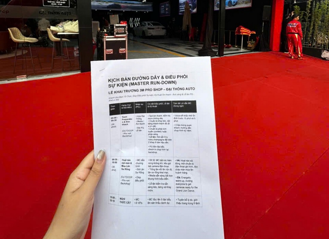 Bảng kịch bản đường dây và điều phối lễ khai trương 3M Pro Shop Đại Thống Auto.
